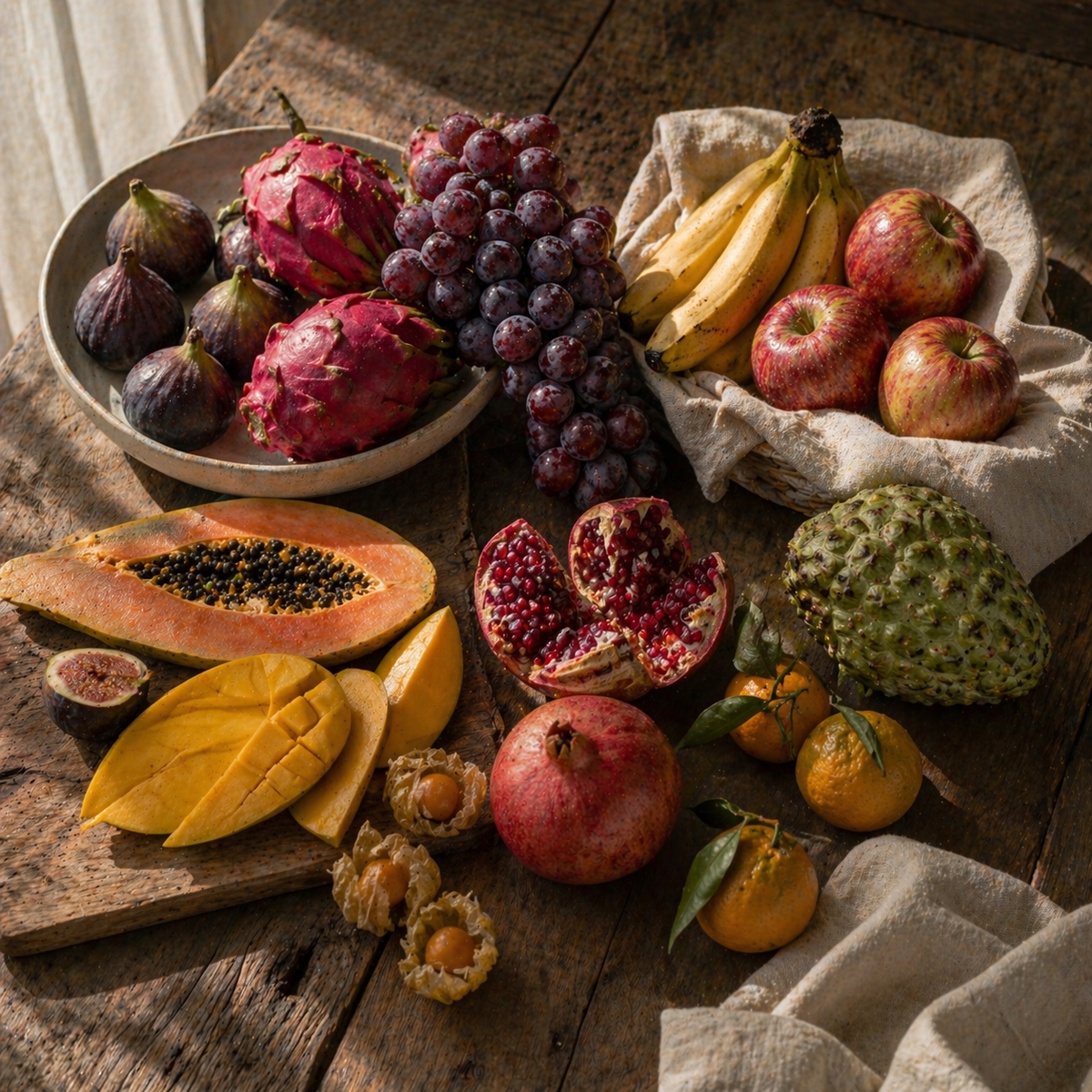 Kit Degustação Raminho — mesa de curadoria com figos, uvas, bananas, maçãs, mamão, mangas, romã, atemoia, mini tangerinas e physalis
